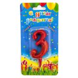 Свеча "3" Овал, Красный с блестками (8см) 1 шт._1
