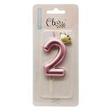 Свеча "2" Золотая корона, Розовый Металлик (7см) 1 шт._1