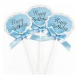 Топпер "Happy Birthday" Серебряный глиттер, Голубой 3 шт._1